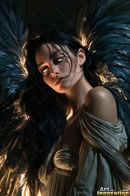 Woman with black and gold wings looking up in white robes