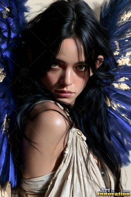 A winged woman looks over her shoulder, blue feathers tipped in gold flakes