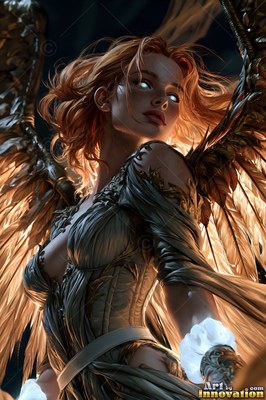 Turned in profile in the dark, a winged woman with red hair looks over her shoulder