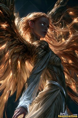 In the dark, a winged woman turns her head in a golden robe