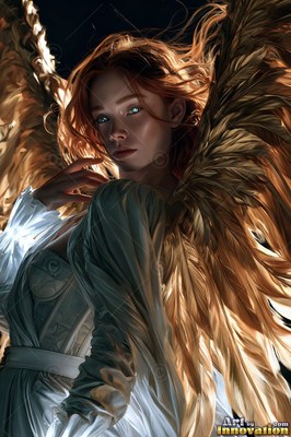 Looking over her shoulder, a winged woman wearing a plain white dress turns her head into the light