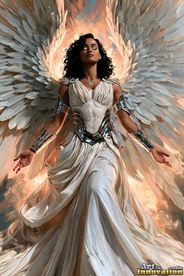 Woman with white wings in a pale white dress and silver armor