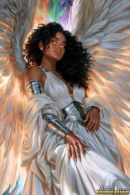 Silver arm cuffs wrap the white gown of a dark-haired woman with feathered wings before rainbow light
