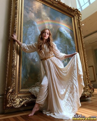 A woman in a cream dress steps out from a large gold frame with angel wings