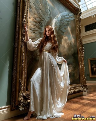 In a museum gallery, a red-haired woman in a white gown steps out of a gilded frame