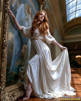 Stepping from a framed painting, a red-haired woman poses in a long white dress