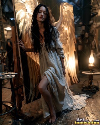 Draped in a ragged linen gown, a winged woman stands barefoot in a dim studio