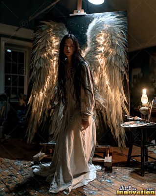 A woman wearing a simple white dress sits before large painted wings in the warm lamplight