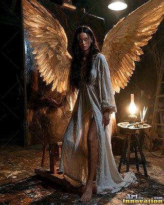 Standing barefoot in a dark studio, a winged woman in a pale white gown faces forward
