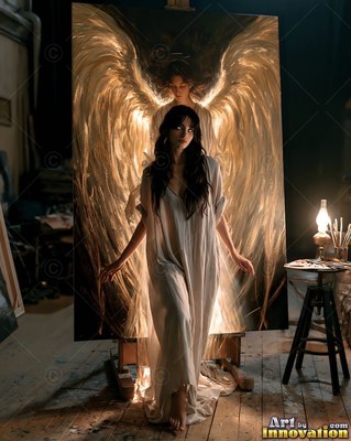 A dark-haired woman in a pale plain white dress stands before a canvas of a winged angel