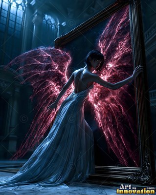 In a dark hall, a winged woman dressed in a white dress climbs out of a mirror