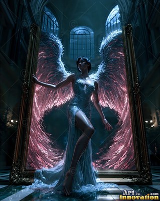 Stepping through a gold frame, a winged woman in a blue gown stands in a dark hall