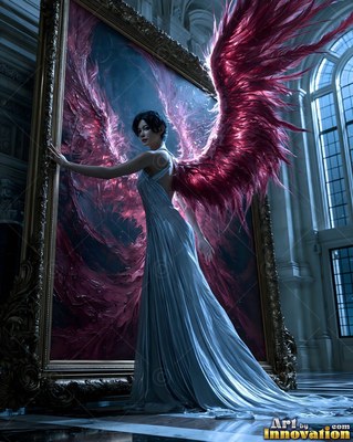 A winged woman in a long blue gown steps from a framed canvas