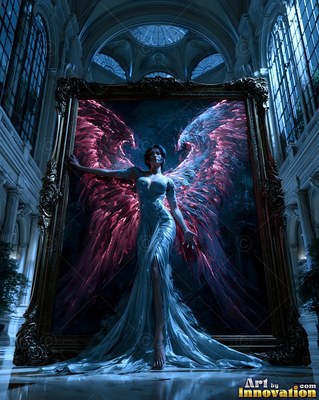 Wearing a long blue dress, a winged woman steps out from a dark frame in a grand hall