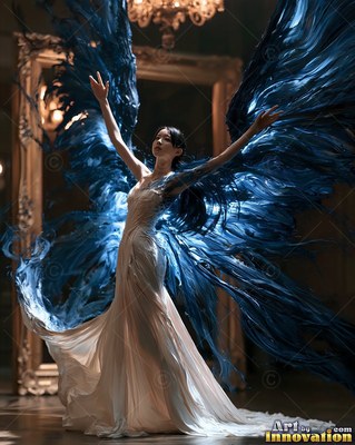 A woman raises her arms as dark blue wings spread behind her in a dim room
