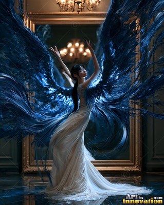 Arching her back by a gold mirror, a woman raises blue liquid wings