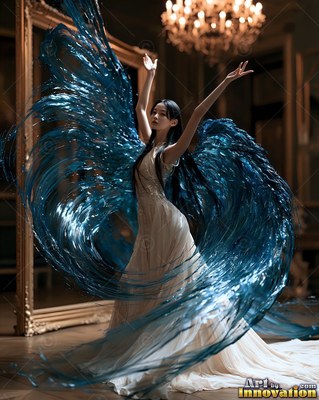 A woman raises her arms as glossy blue wings fan out behind her plain white dress