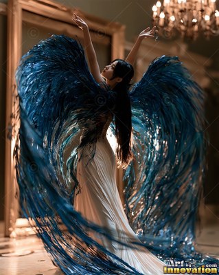 In a ballroom, a woman dressed in a white gown raises her arms with dark blue wings