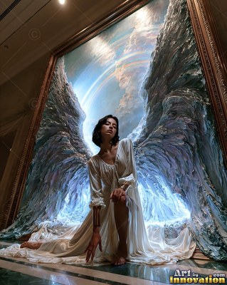 Kneeling on marble, a woman in a white gown poses before giant blue wings