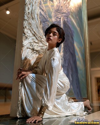 Woman dressed in a white silk dress kneeling beside a tall painting