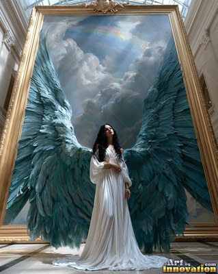 Standing in a museum hall, a winged woman wears a long white gown
