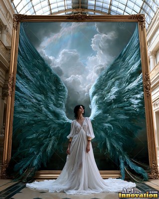 A woman in a white dress stands before huge teal wings in a gold frame