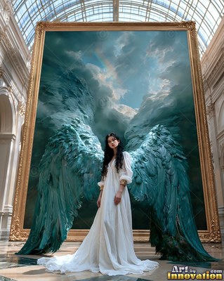 In a bright museum hall, a winged woman stands in a white dress before a large frame