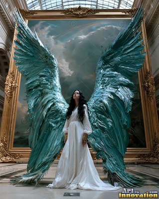 Standing in a white dress, a woman displays huge teal feathered wings in a museum hall