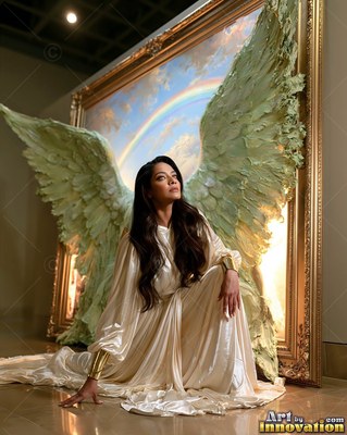 Woman in a cream gown with pale green wings kneeling by a frame