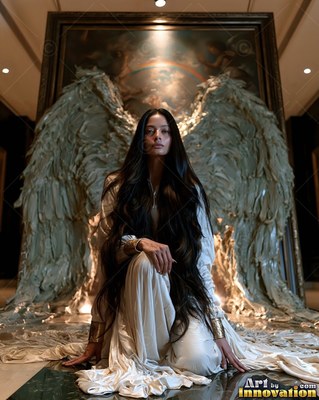 Long dark hair drapes over a kneeling woman in white robes, flanked by large pale wings in a hall