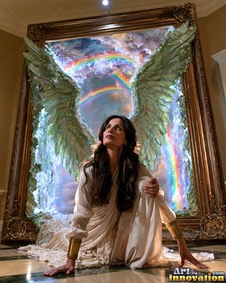 A woman sits on the floor before green wings and a bright rainbow inside a frame