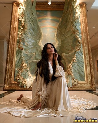 Kneeling on a museum floor, a woman in a cream dress poses in front of wings