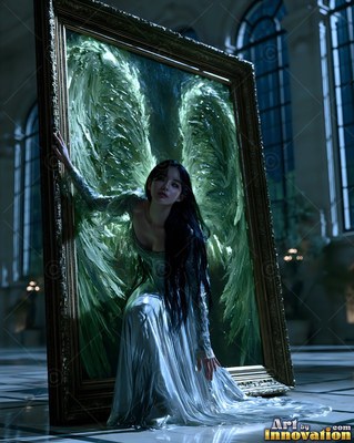 A woman with green wings in a silver dress steps out of a gold frame