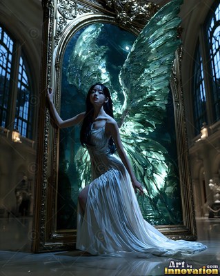 In a grand dark hall, a woman with large green glass wings steps out of a mirror