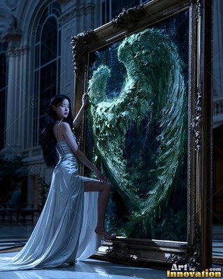 Stepping beside a large frame, a woman in a silver dress touches green angel wings