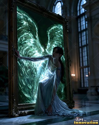 Woman in a blue dress stepping out of a mirror with green wings