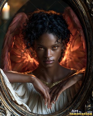Curly dark hair frames a winged woman resting her hands inside an oval mirror frame