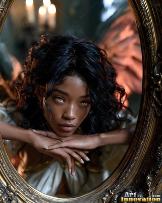 A dark-haired woman rests her chin on her hands in a mirror, lit by warm candlelight