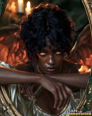 Leaning forward in a mirror, a winged woman rests on her arms with amber eyes