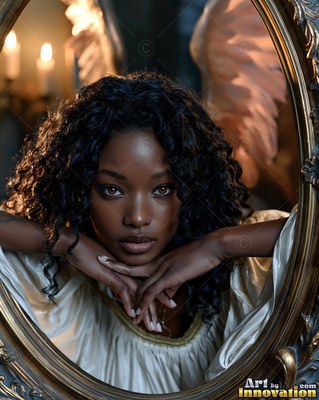 A winged Black woman rests her chin on her hands inside an oval mirror frame
