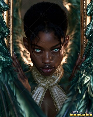 In a dark room, a winged Black woman with bright teal eyes peers through a gold frame