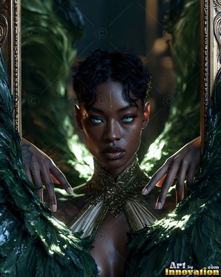 Resting her hands on a gold frame, a dark-skinned woman wears green feathered wings