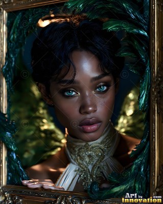A dark-skinned woman looking through a gold frame with green feathers