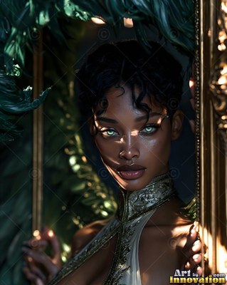 Short dark curls frame the face of a woman standing inside a gold frame in soft shadow