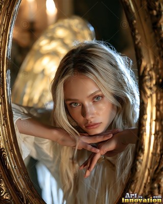 Blonde woman leans forward inside an oval mirror frame under warm candle light