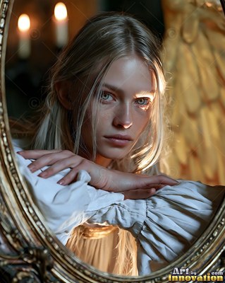 Leaning forward in a dark room, a blonde winged woman looks into a mirror