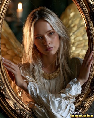 A blonde woman with gold wings rests her hands on an oval mirror frame