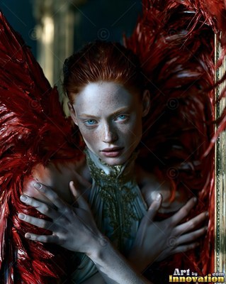 Clutching her chest, a pale woman with red wings and blue eyes stares forward