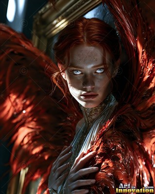 Woman with red wings and pale blue eyes facing forward
