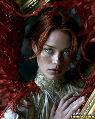 Red hair frames the freckled face of a woman with red wings inside a dark room